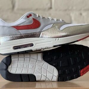 Nike Air Max 1 PRM White • Chile Red • Metallic Silver Sz 8.5 new no box